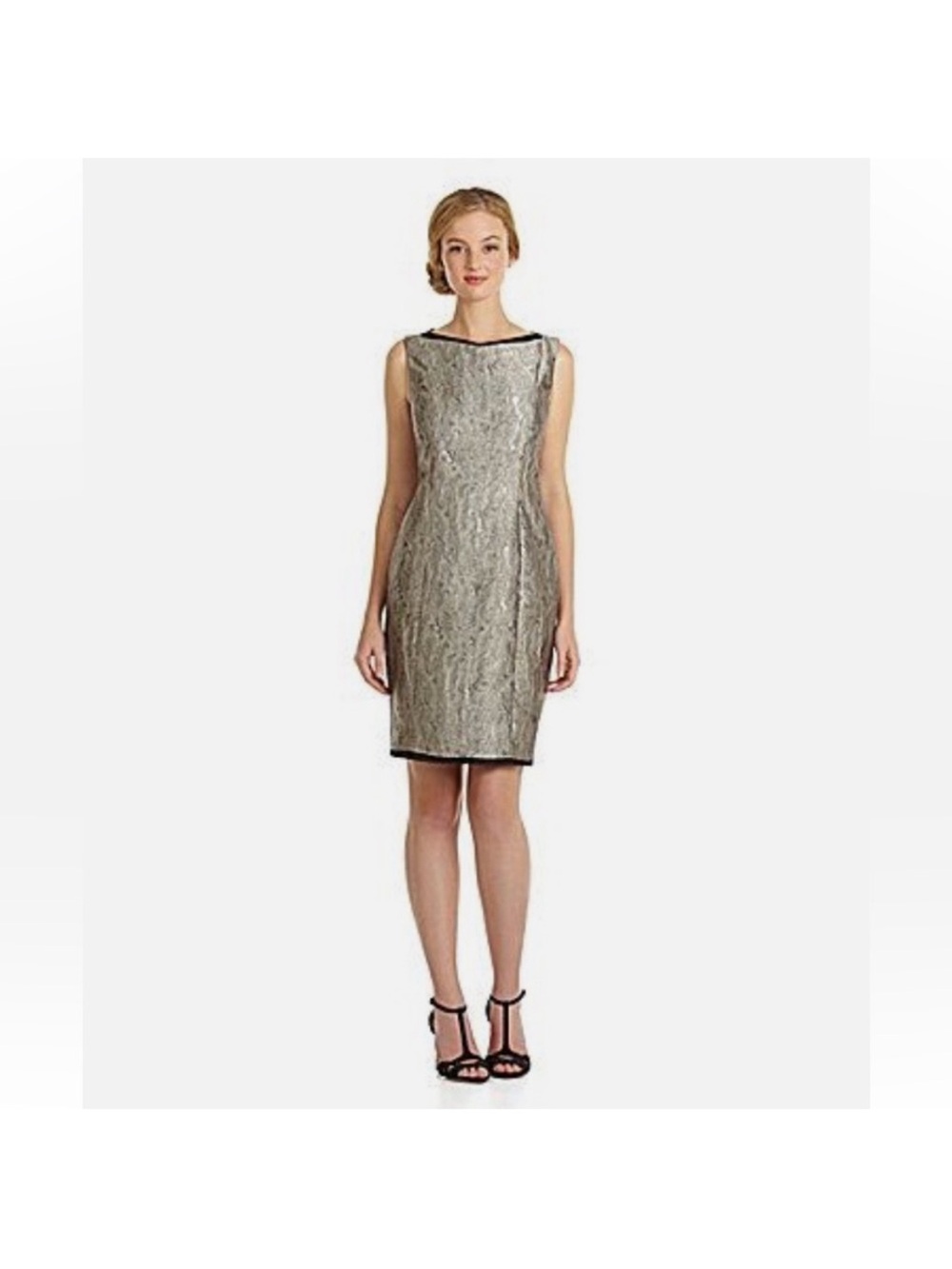 ANTONIO MELANI Silver Metallic Sheath Dress with Black Trim